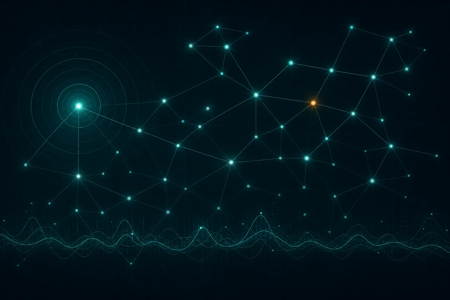 Illustration of a network: nodes joined by lines, suggesting devices being monitored.