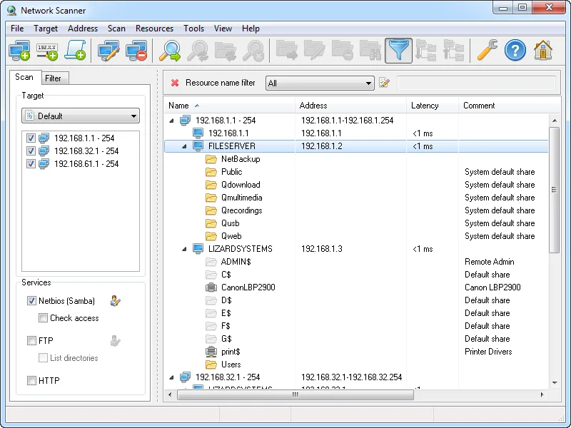 LizardSystems Network Scanner interface as published by LizardSystems